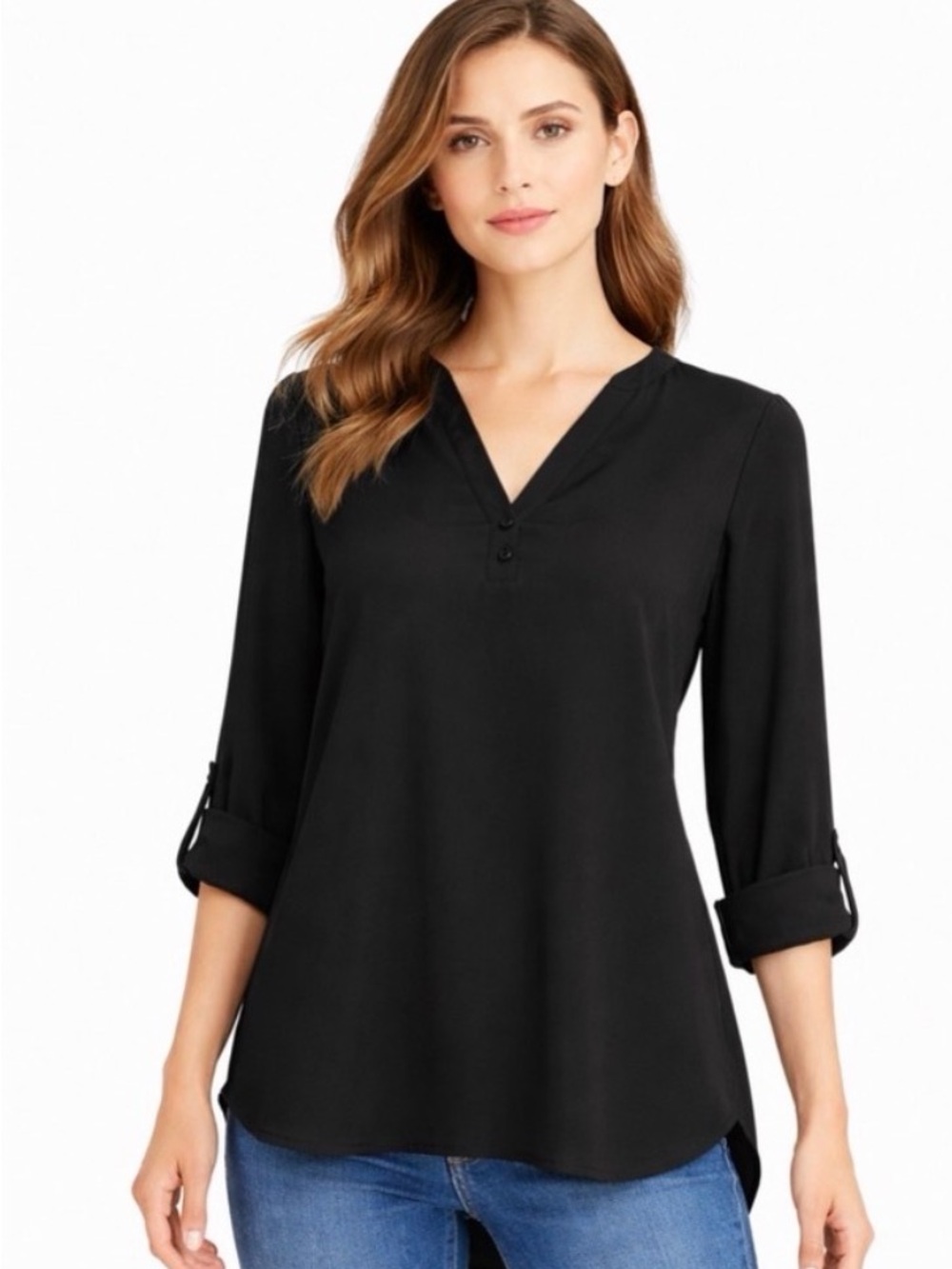 DLEIONE Black V-Neck Long Sleeve Blouse Size S(A414)✨